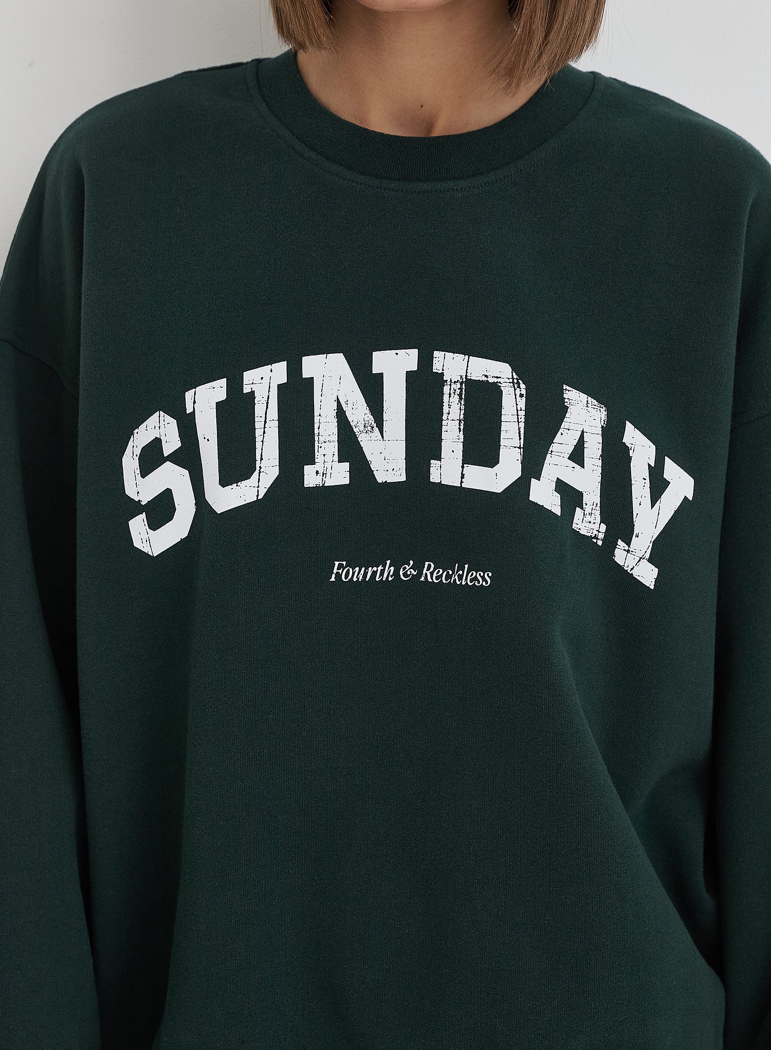 Green Distressed Sunday Slogan Oversized Sweatshirt
